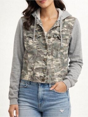 Thread & Supply Camo Denim Vest with Gray Hoodie Sleeves
